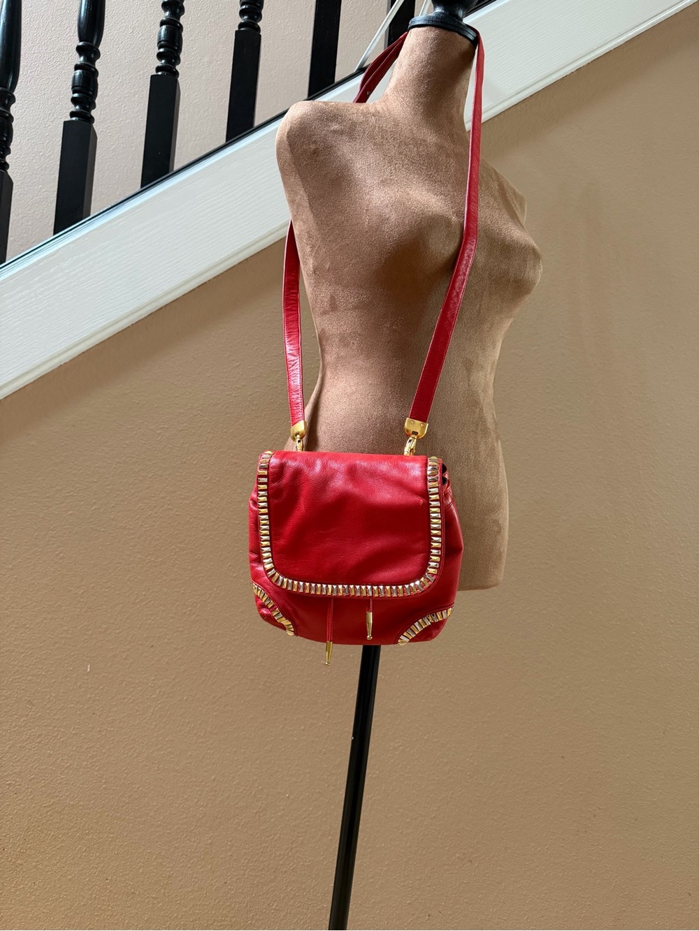 Red Lambskin Crossbody Shoulder Bag with Gold and Silver Trim